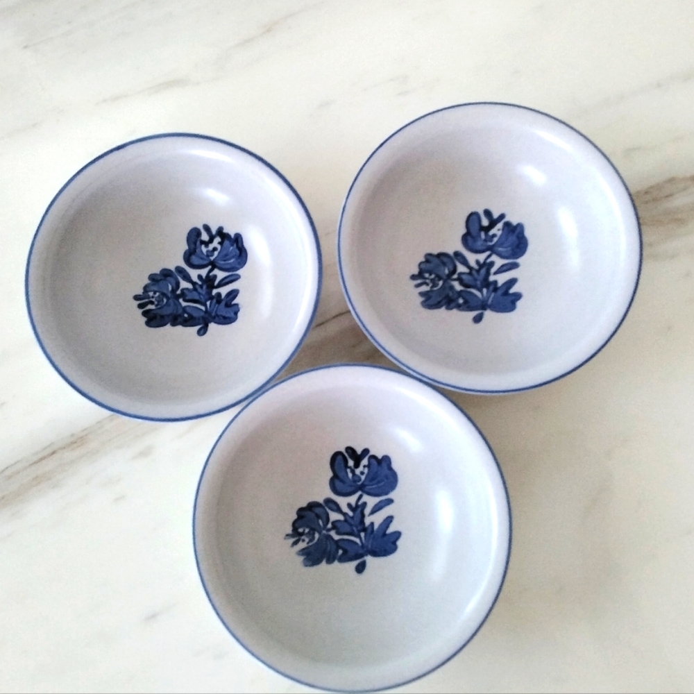Pflatzgraff Yorktowne Blue Floral Stoneware Cereal | Soup Bowls 3 Pc - Vtg